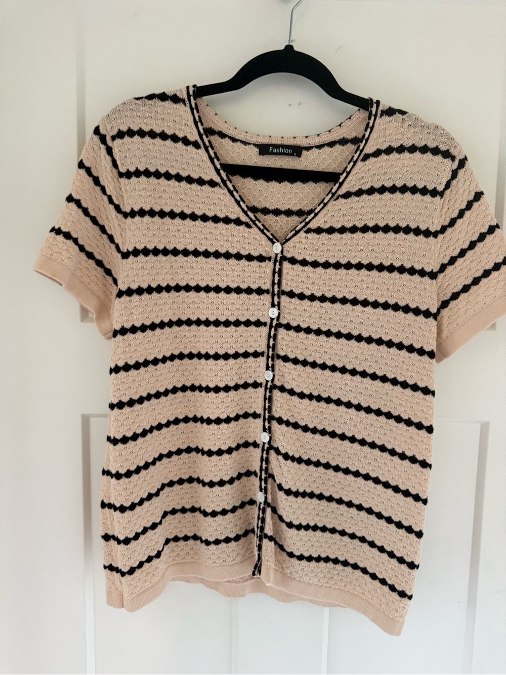 Beige and Black Striped Short-Sleeve Button Front Top